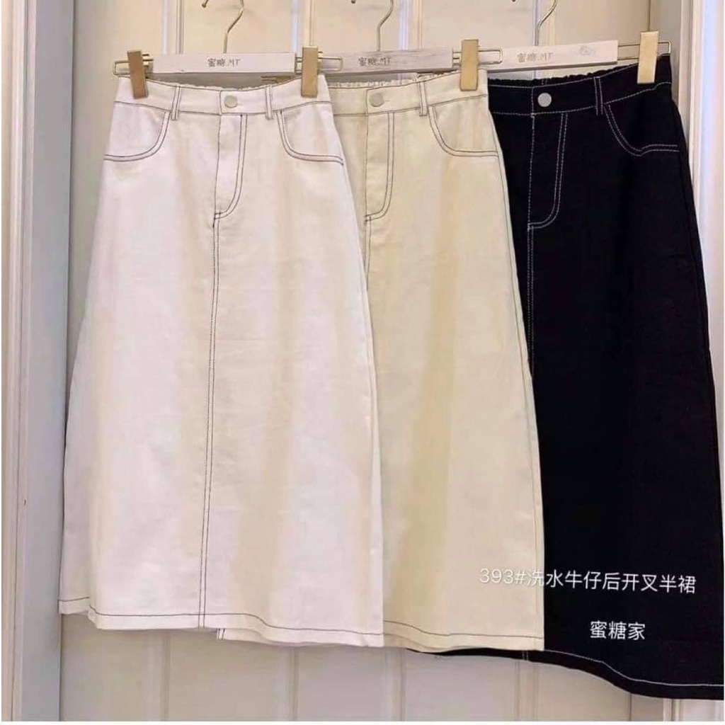 Chân váy jean đen dáng dài chỉ nổi ulzzang, Váy bò midi dài qua gối cạp chun phong cách Hàn Quốc