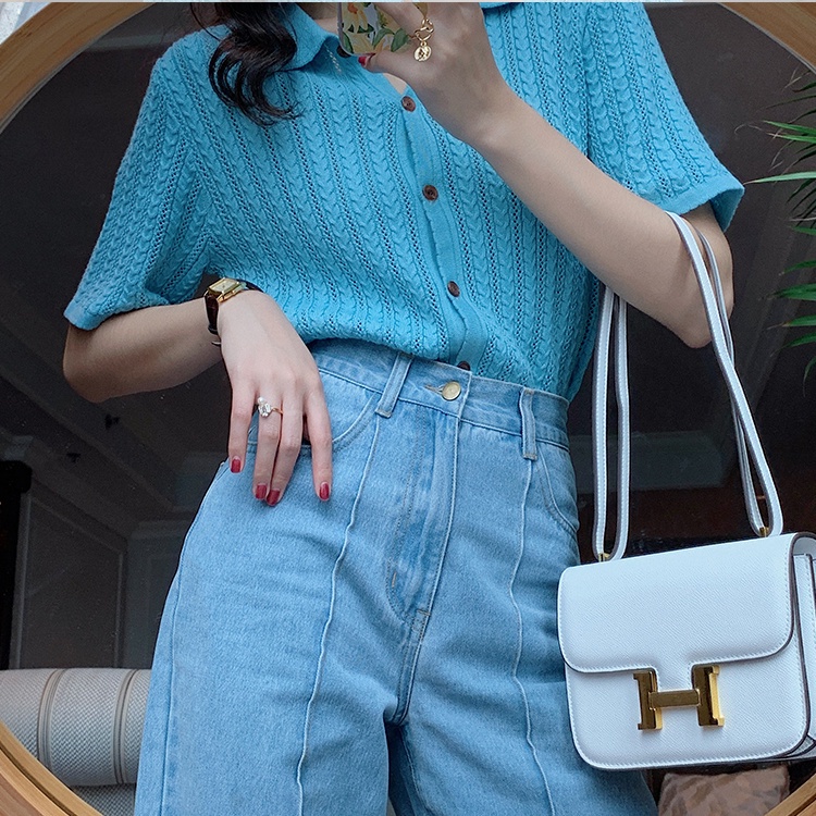 Áo dệt kim SUXI tay ngắn cổ polo dáng rộng phong cách cổ điển mùa hè dành cho nữ