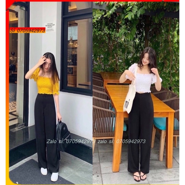 Set Áo Quần Ống Rộng Áo Trắng Vàng