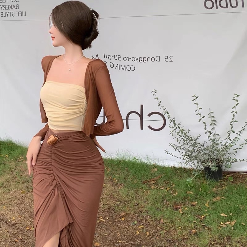 Set áo croptop+chân váy ôm dài Ulzzang