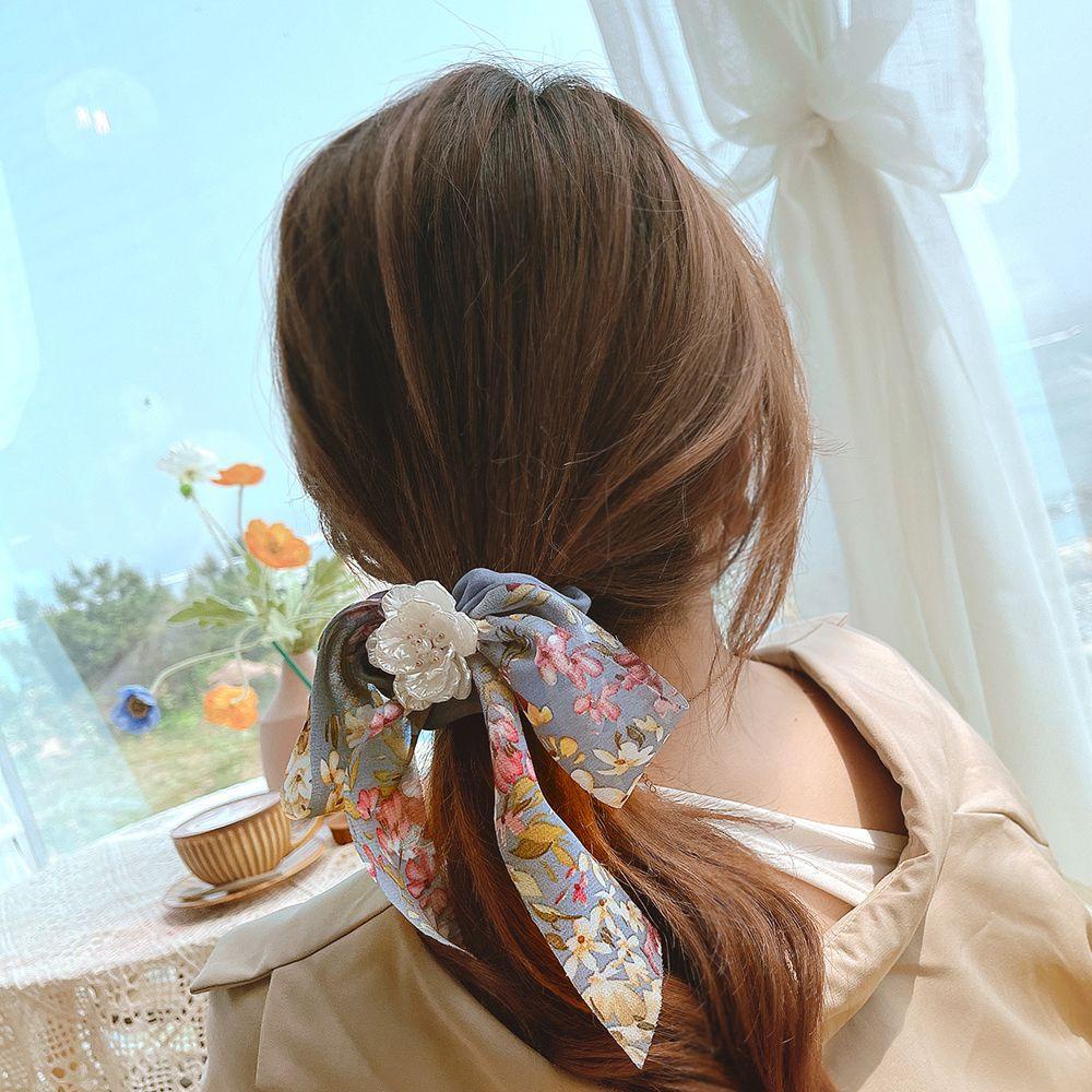 Dây Cột Tóc Ruy Băng Thắt Nơ Họa Tiết Hoa Phong Cách Vintage Hàn Quốc Ngọt Ngào Cho Nữ Giá Đỡ