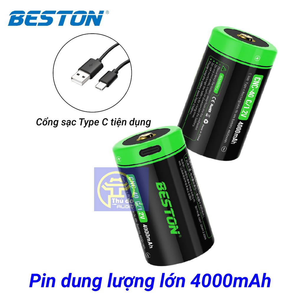 {Chính hãng} Pin Beston 4000mAh loại C CNC-40 C/1.2V có cổng sạc USB Type C dùng cho đèn pin - Tặng kèm dây sạc