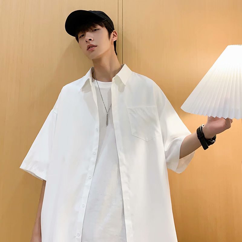 Áo Sơ Mi Trơn Tay Ngắn Dáng Rộng Thời Trang Dành Cho Nam Giới