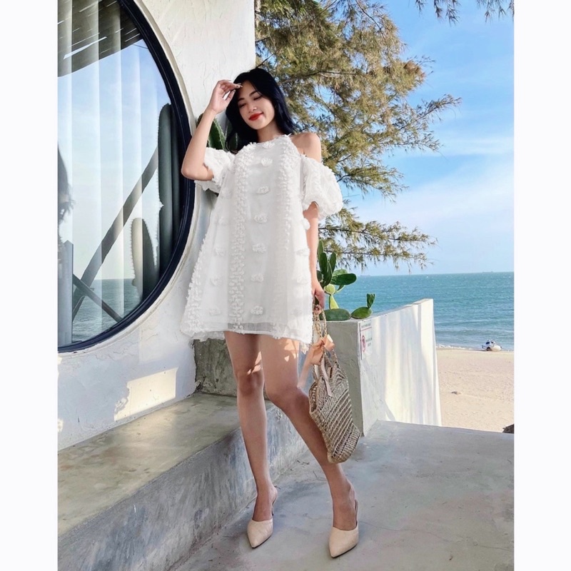 Đầm trễ vai ren hoa 2 lớp dày dặn