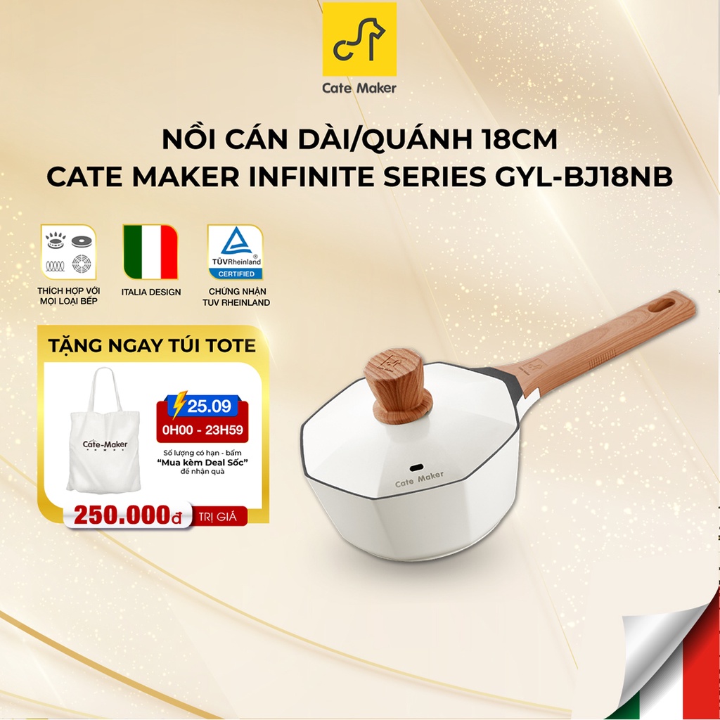 Nồi cán dài/quánh Cate-Maker INFINITE SERIES GYL-BJ18NB, size 18cm chống dính Bát Giác, dùng cho bếp từ