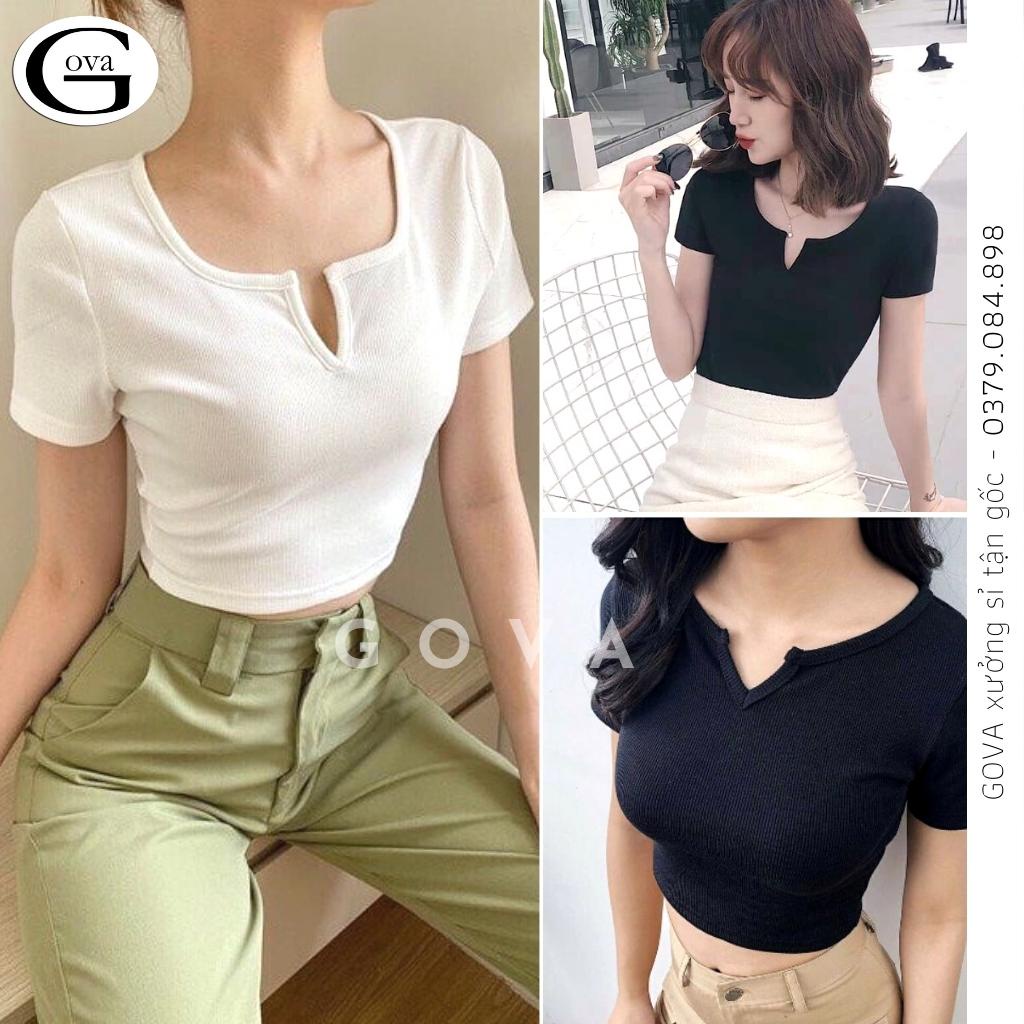 Áo Croptop CỔ KHOÉT CHỮ V TAY NGẮN Thun Cotton Kiểu Sexy Nữ, Áo Thun Ôm Body Đẹp GOVA
