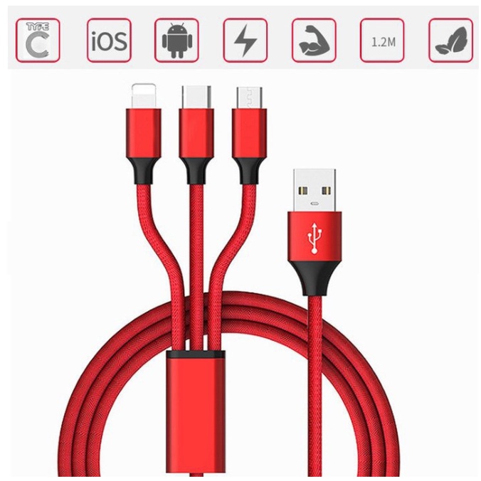 Dây Cáp Sạc 3 Đầu Đa Năng 3A dài 1.2m Thông Minh Dây Dù Cực Bền | Dây Sạc 3 in 1