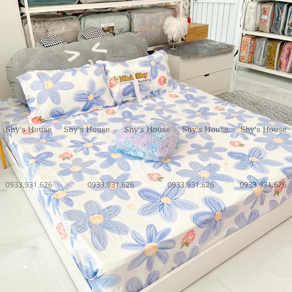 Set Ga Giuờng Cotton Poly 3 Món - Họa Tiết Bông Hoa Xanh 3D - Hàng Nhập Khẩu- Set Ga + 2 Vỏ Gối Nằm - GGN20