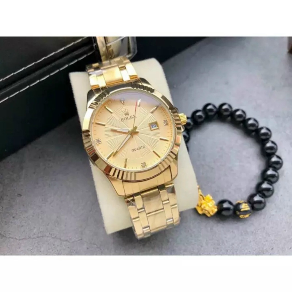 Đồng Hồ Rolex Nam Dây Thép Viền Băm Máy Quartz, mạ không rỉ, dây full vàng - tặng vòng tì hưu tài lộc