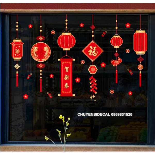 Decal trang trí tường Tết - Rèm lồng đèn sắc nét