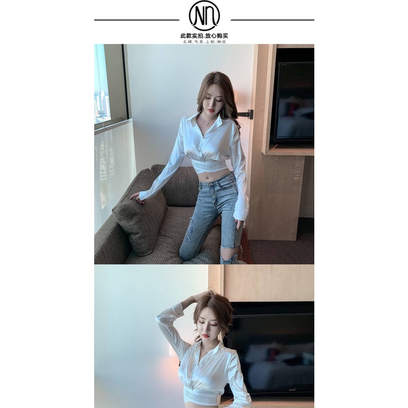 Áo sơ mi dáng ngắn tay dài thiết kế eo chéo đính đá phong cách Hàn Quốc retro thời trang 2021 cho nữ