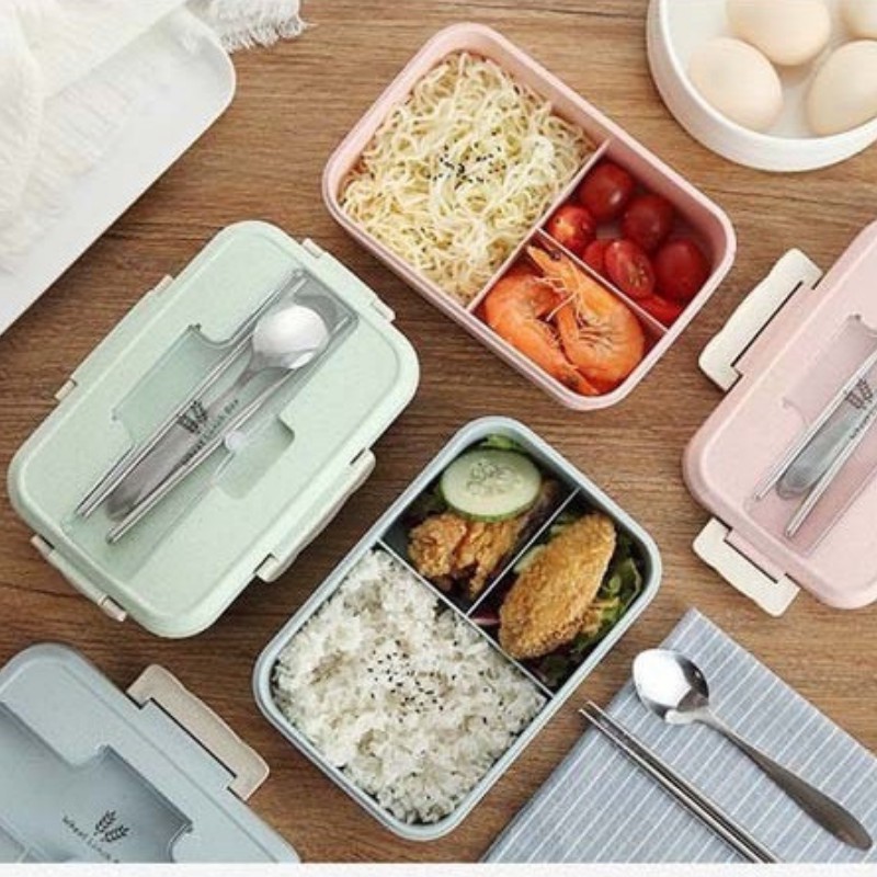 Hộp cơm lúa mạch 3 ngăn có tặng kèm muỗng đũa/ hộp cơm giữ nhiệt dành cho nhân viên văn phòng