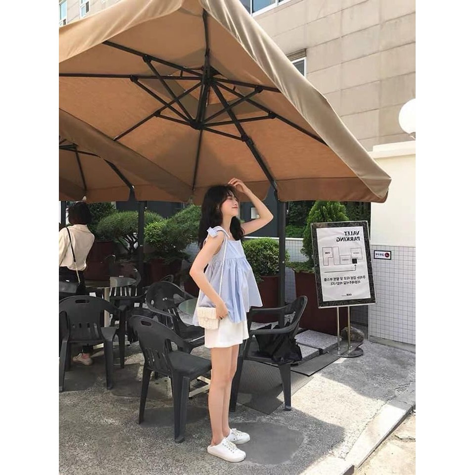 Set áo Babydoll đũi xốp kẻ xanh nơ vai mix quần đùi phong cách Hàn LD007