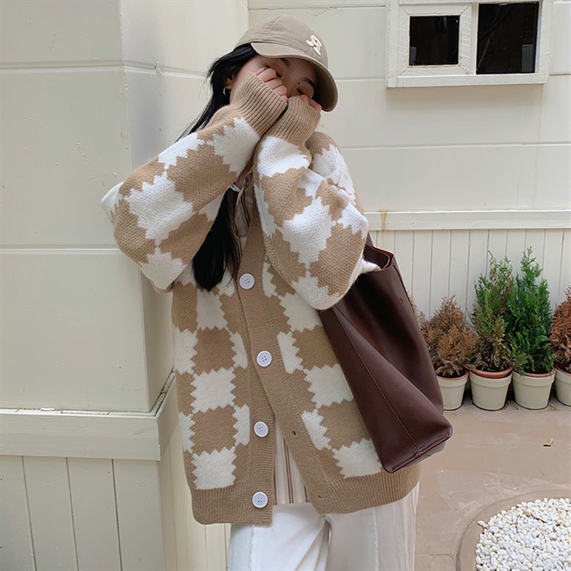 Áo cardigan len nữ họa tiết ô vuông bàn cờ ziczac Quảng châu dày dặn khoác ngoài form rộng màu xanh lá đen Kozoda AC47