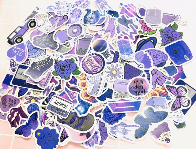 Sticker màu tím set 30-50 cái ép lụa / hình dán dễ thương màu tím