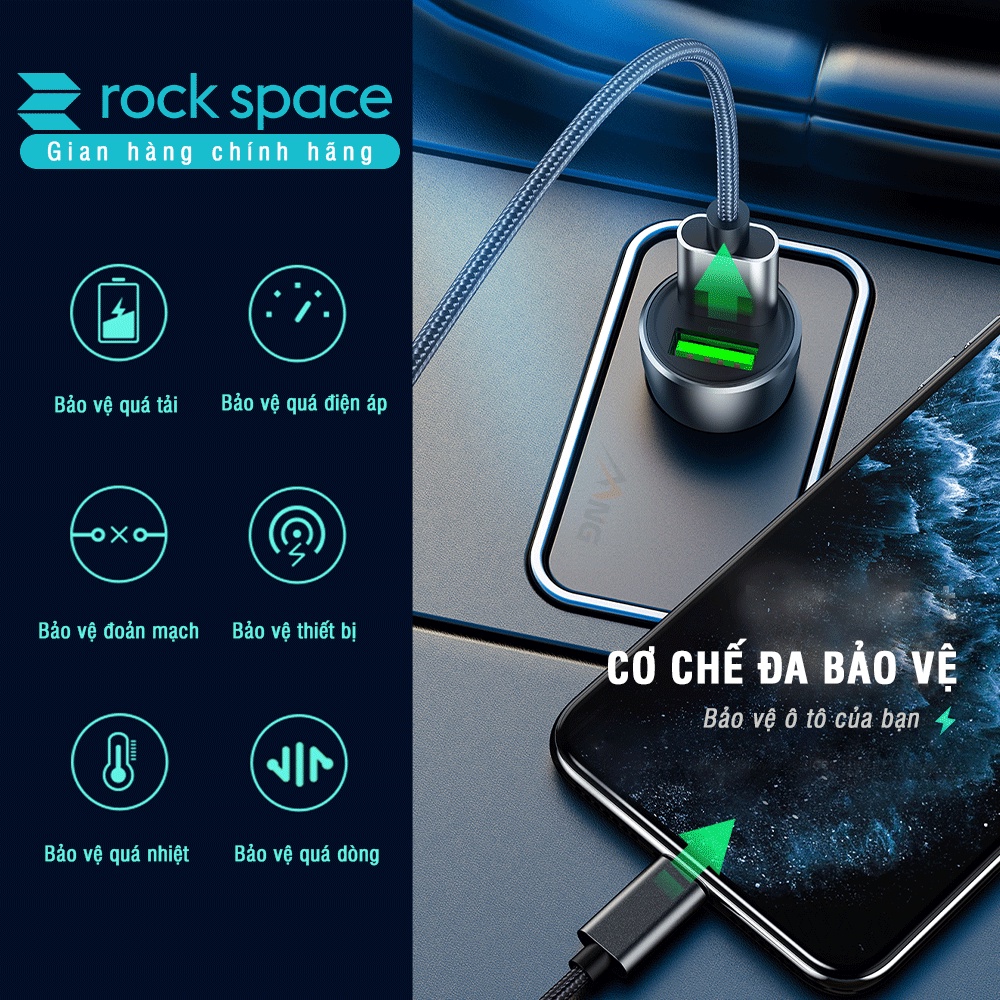 Tẩu sạc ô tô 2 cổng Rockspace H8 sạc nhanh an toàn không nóng - Hàng Chính hãng, bảo hành 12 tháng lỗi 1 đổi