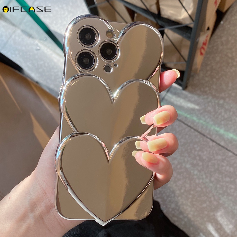 Ốp Điện Thoại Mạ Bạc Chống Sốc Trang Trí Hình Trái Tim 3D Cho iPhone 13 12 Pro Max