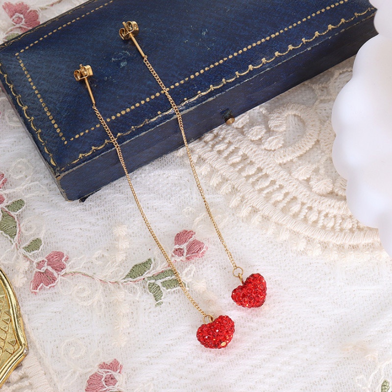 Bông Tai Titan Ko Han Rỉ Chuỗi Dài Trái Tim Đỏ TT 4030