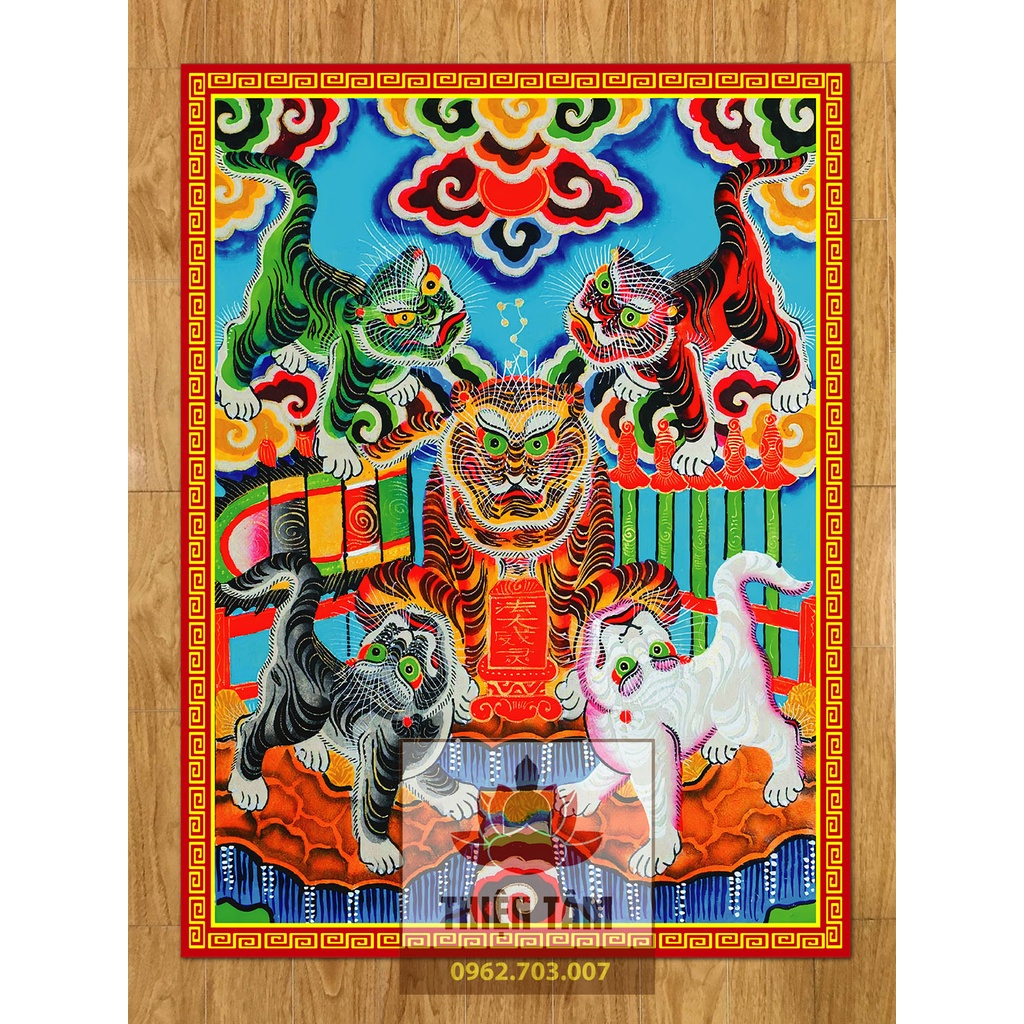 Tranh ngũ hổ thần tướng chất liệu vải phủ bóng cao cấp dày dặn (không khung)