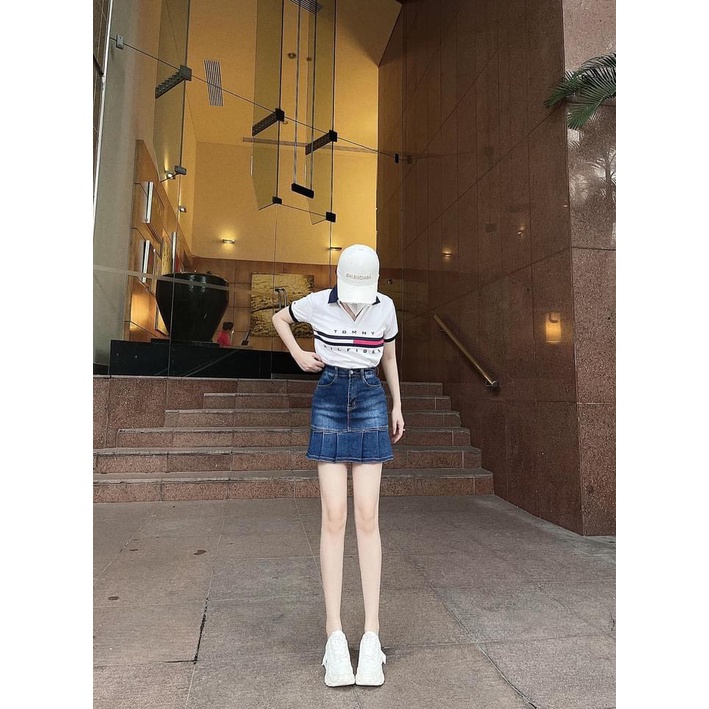 Áo polo nữ form rộng tommy tay lửng, áo thun nữ siêu cá tính