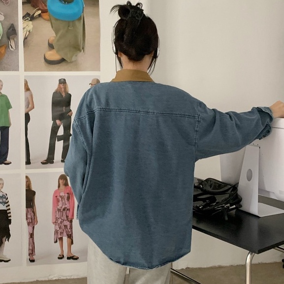 Áo khoác Zhelihangfei denim tay dài dáng rộng thêu họa tiết kiểu retro Mỹ cá tính