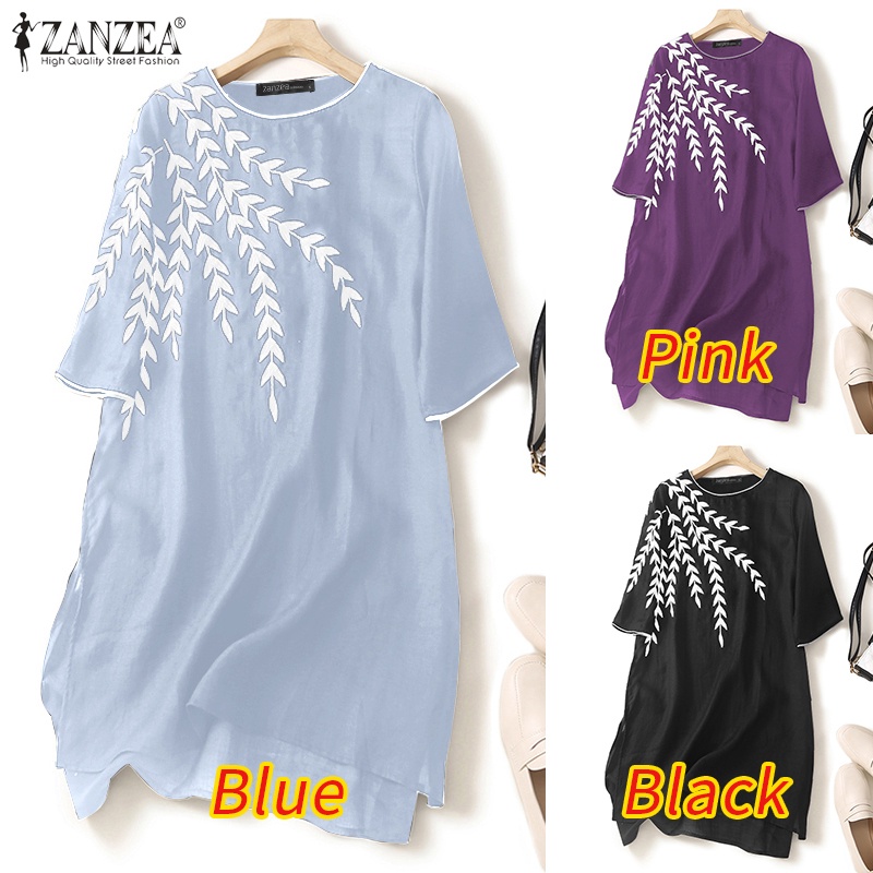Zanzea Đầm Nữ Ngắn Tay Cổ Tròn Xẻ Tà Thời Trang Hàn