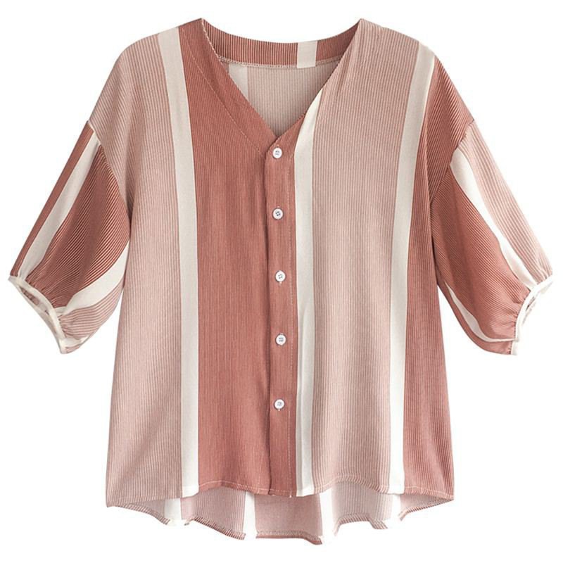 Áo kiểu chất Chiffon hoạ tiết kẻ sọc thiết kế cổ chữ V nữ tính