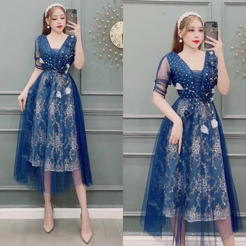 ĐẦM XOÈ REN KIM SA ĐÍNH HOA CỰC ĐẸP