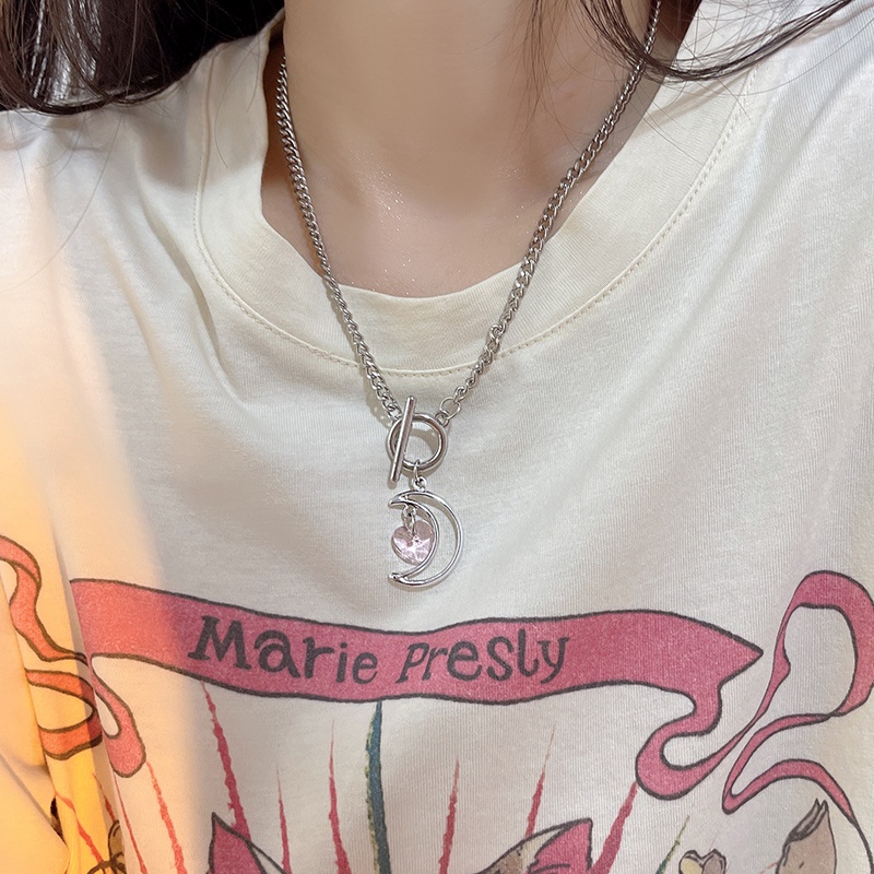 Vòng cổ Mặt Trăng Và Trái Tim Đính Đá zircon Dễ Thương Cho Nữ