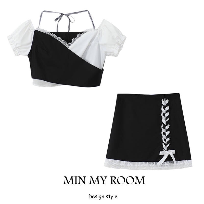 YAS0807-Set váy hai dây trễ vai buộc dây sexy + váy zip đan dây
