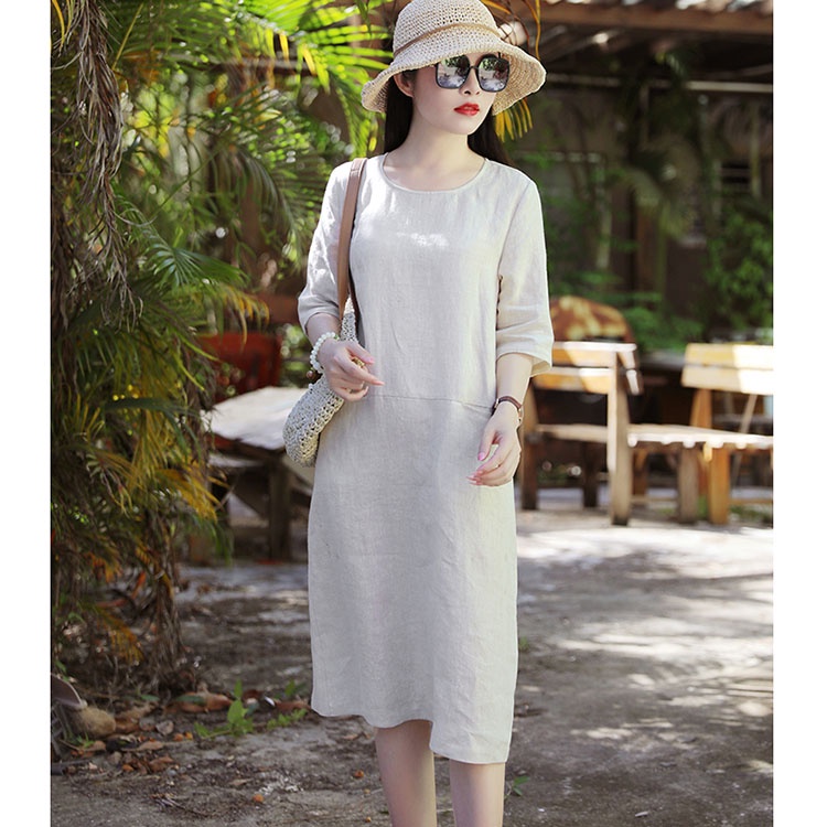 Đầm suông linen cổ tròn tay lỡ 2 túi bổ trước, thời trang xuân hè