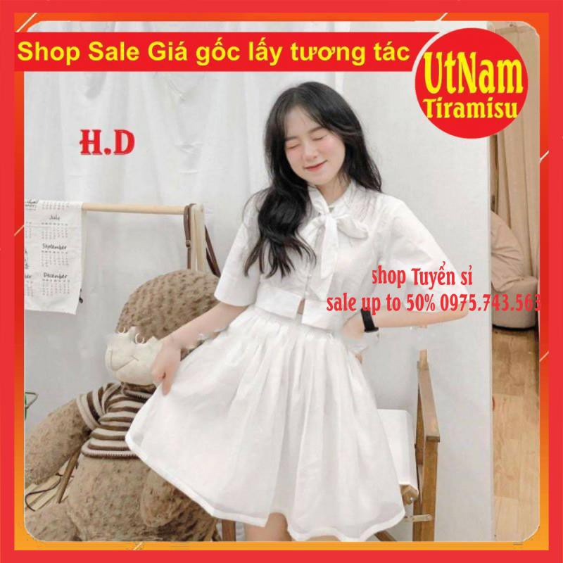 Set váy áo Croptop Buộc nơ + Chân Váy Xòe Hai Lớp Siêu Xinh Vintage ❤ Sét váy tiểu thư vintage