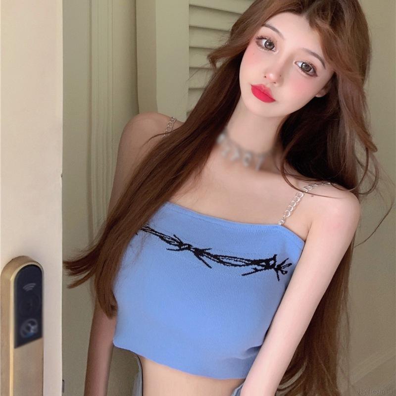 Áo Croptop Dệt Kim Phối Dây Xích Thiết Kế Quyến Rũ Cho Nữ