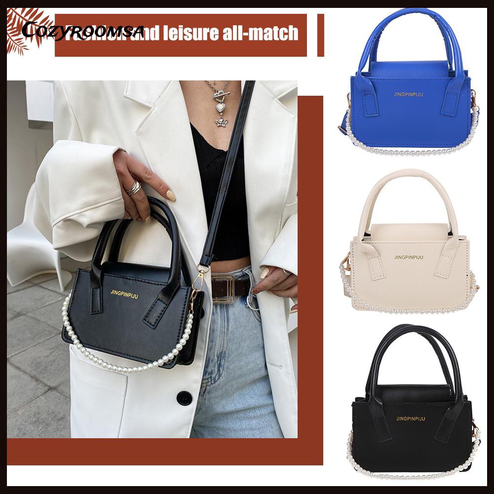 Fashion Women PU Leather Pure Color Shoulder Bag Pearl Top-handle Handbag