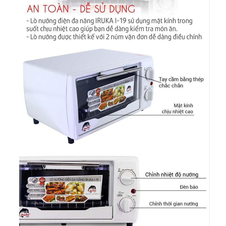 Lò nướng điện IRUKA I19 12 Lít đa năng công suất 1000w bảo hành 12 tháng