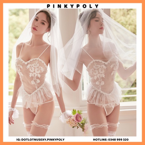 Cosplay cô dâu sexy phong cách set đồ lót ren sexy áo yếm 2 dây không gọng, Cosplay cô dâu sexy quyến rũ PinkyPoly CP25
