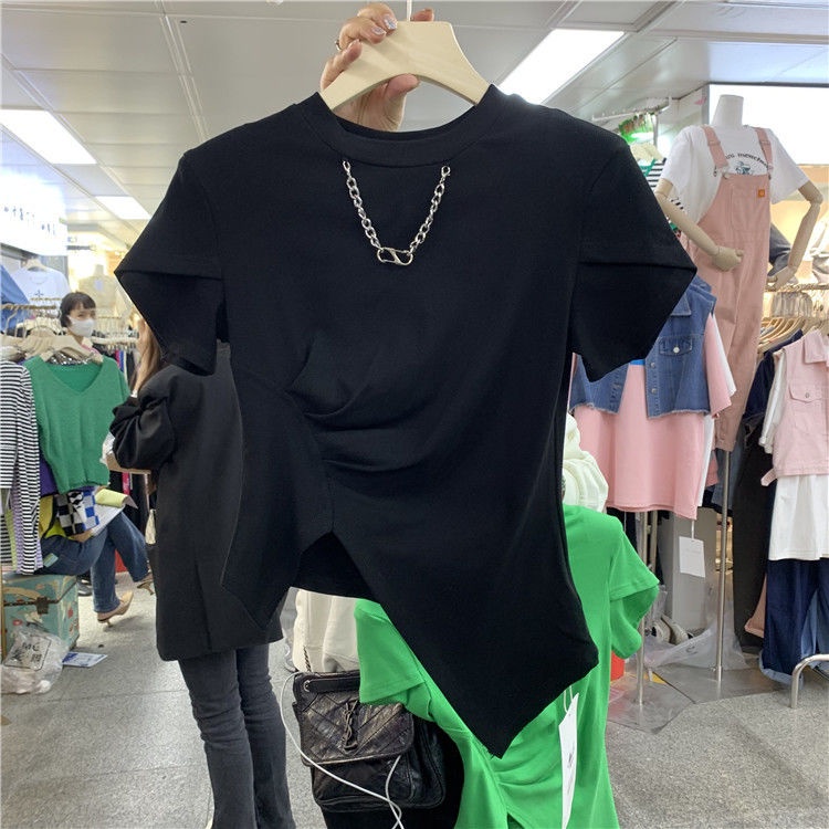 Áo Thun Ngắn Dáng Ôm Xẻ Tà Thời Trang Xuân Hè 2022 Phong Cách Mới Cho Nữ