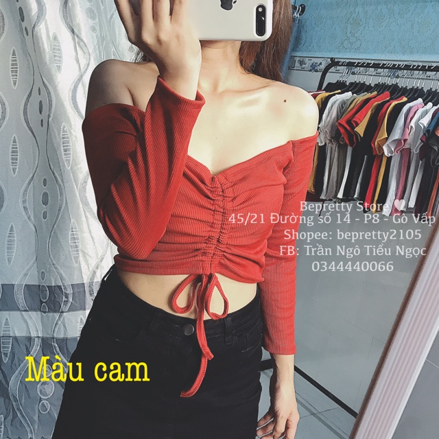 Áo croptop dây rút tay dài bẹt vai
