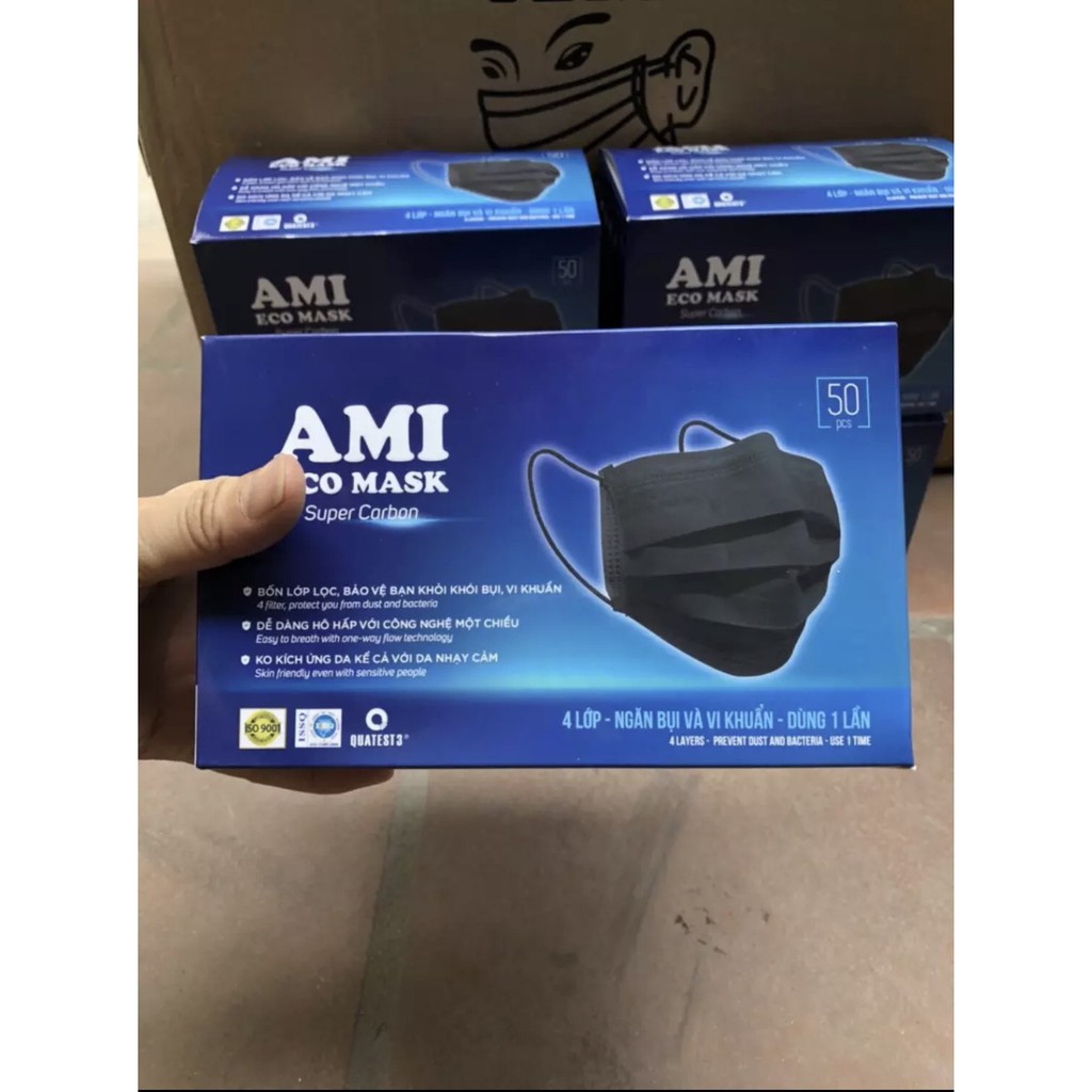 Hộp Khẩu Trang Y Tế AMI 4 Lớp, Màu Đen, Có Lớp Than Hoạt Tính (Hộp 50 chiếc) | BigBuy360 - bigbuy360.vn