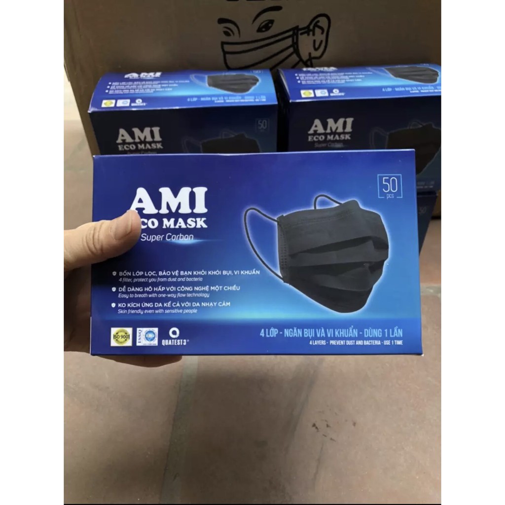 Hộp Khẩu Trang Y Tế AMI 4 Lớp, Màu Đen, Có Lớp Than Hoạt Tính (Hộp 50 chiếc)