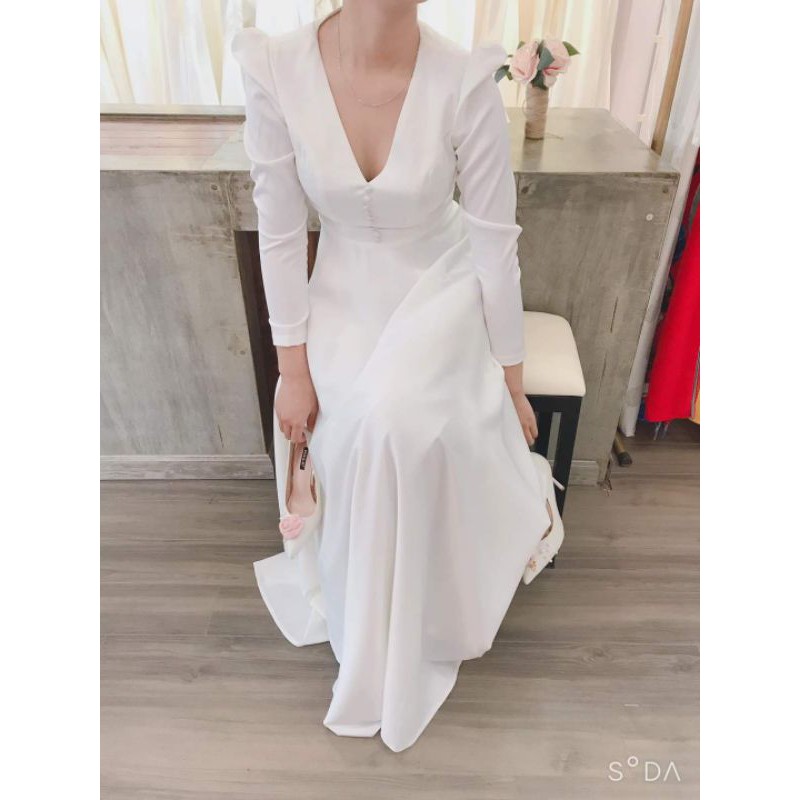 (Ảnh thật)váy đầm cô dâu, dạ hội, váy cưới tay dài sang trọng. cổ tim, đính cúc bọc | BigBuy360 - bigbuy360.vn