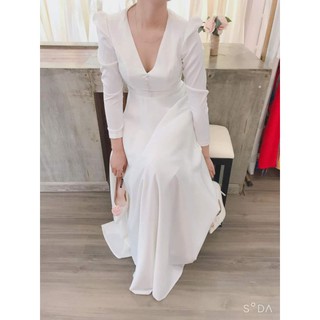 (Ảnh thật)váy đầm cô dâu, dạ hội 2 lớp, váy cưới tay dài sang trọng. cổ tim, đính cúc vải