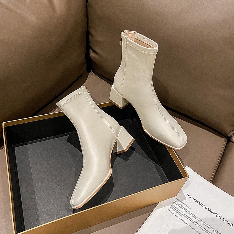 Giày Boot Martin Ulzzang Vintage, Giày Bốt Da Cao Gót Mũi Vuông Cổ Cao Khóa Sau Đế Cao 5cm, Hàn Quốc - Iclassy_shoes
