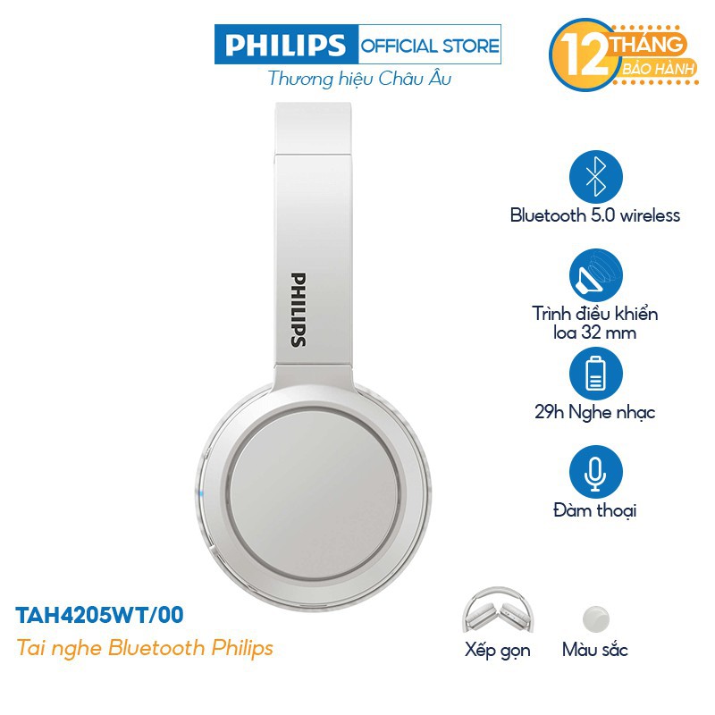 Tai nghe Philips Bluetooth TAH4205WT/00 - Màu trắng - Hàng Chính Hãng