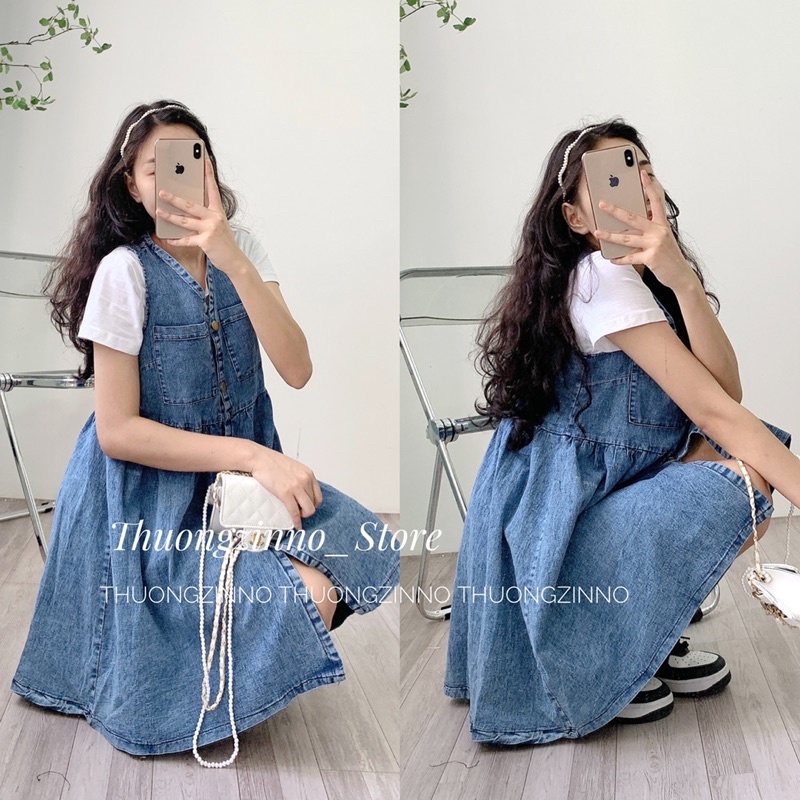 [Ảnh thật/Video]Váy Denim sát nách Dáng Rộng Phong Cách Cổ Điển Váy bò không tay Thời Trang Hàn