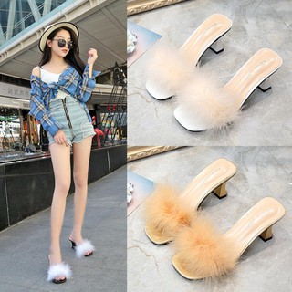 Dép Nữ Cao Gót Quai Lông Thời Trang