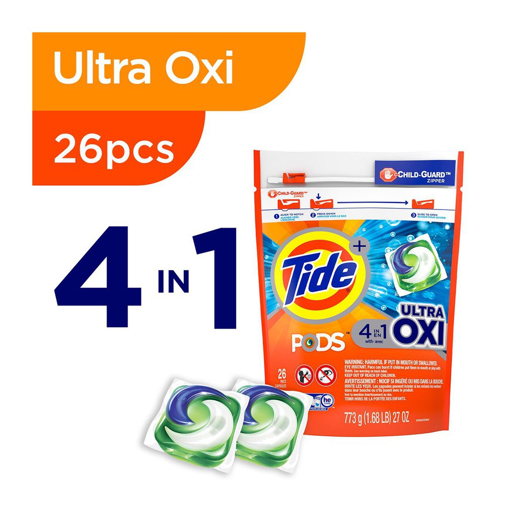 [Thùng 4 Túi] [26 Viên] Viên Giặt Tide Pods 4in1 Ultra Oxi - Túi 773g - Hàng Chuẩn Mỹ