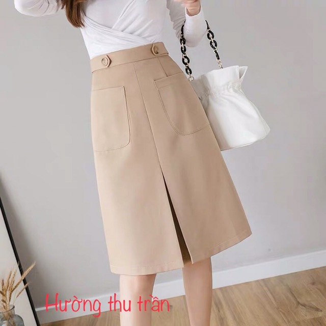 Chân Váy Công Sở Chân Váy Chữ A Xếp Li Trước Có Túi Thời Trang Trẻ, 1 li 2 túi 2 cúc d58cm