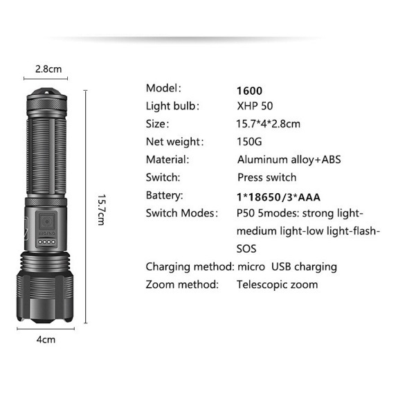 đèn pin siêu sáng XHP50 pin lithium 8650 6800mah với zoom, chức năng chống thấm nước, đèn pin cầm tay