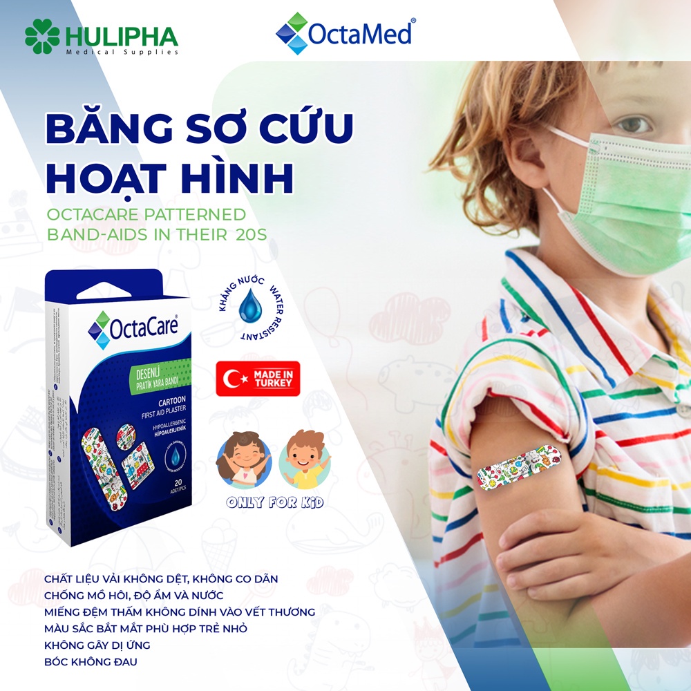 Băng dán sơ cứu y tế / Băng cá nhân Octacare không thấm nước họa tiết hoạt hình cho trẻ em - Hộp 20 miếng